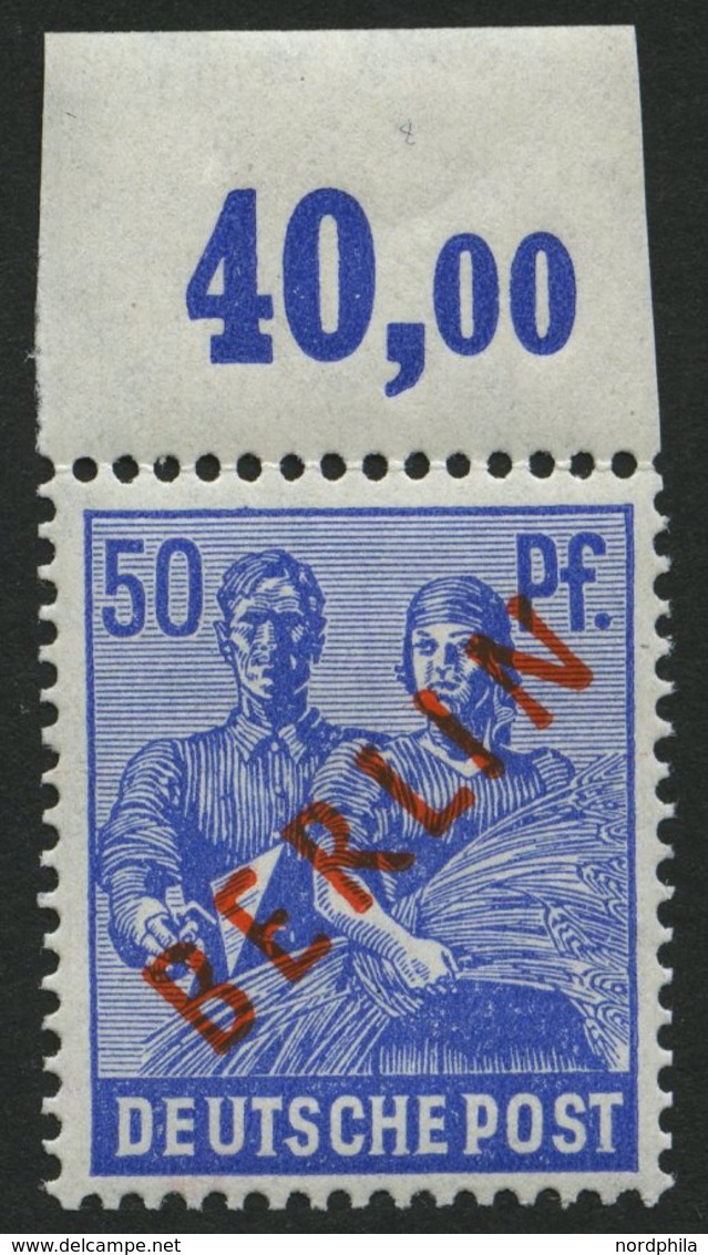 BERLIN 30POR **, 1949, 50 Pf. Rotaufdruck, Plattendruck, Oberrandstück, Nicht Duchgezähnt, Pracht, Gepr. D. Schlegel, Mi - Other & Unclassified