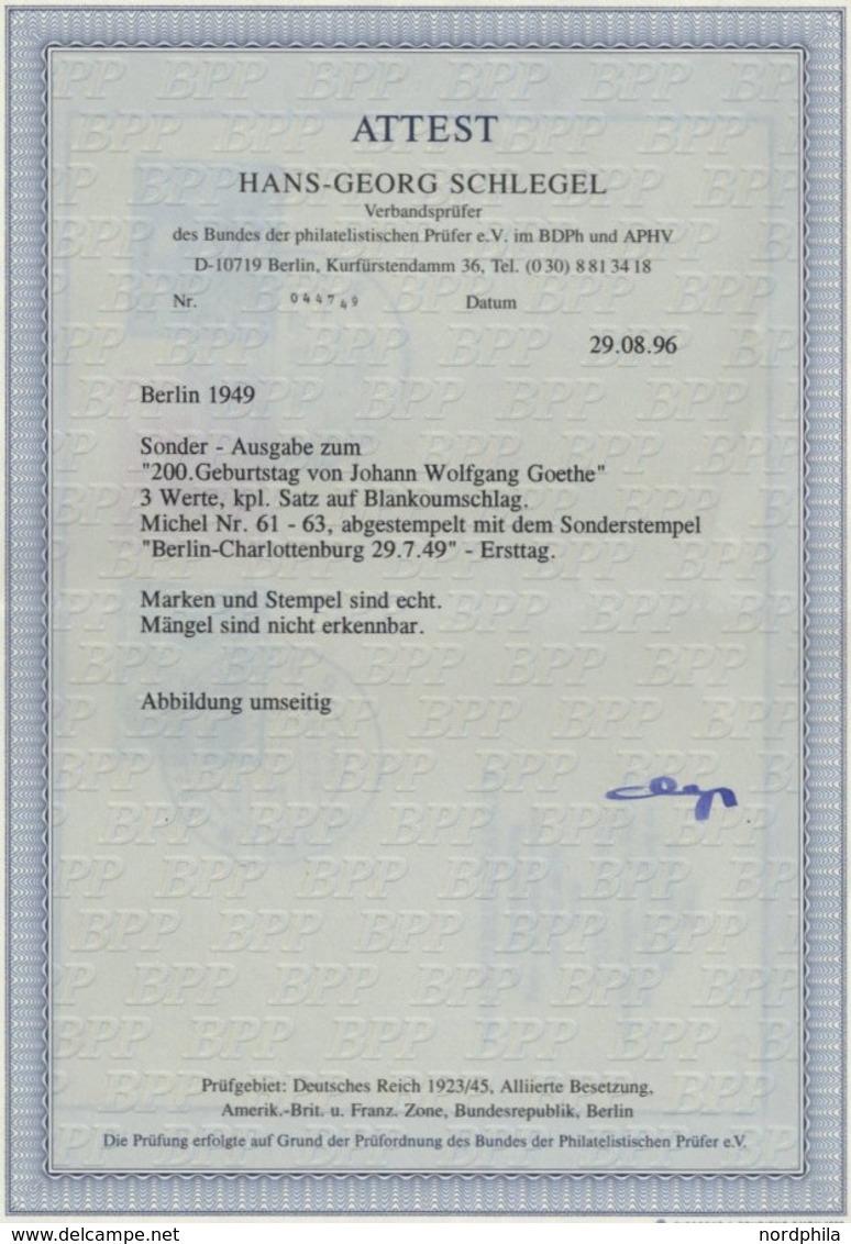 BERLIN 61-63 BRIEF, 1949, Goethe Auf Amtlichem FDC, Pracht, Fotoattest Schlegel, Mi. 700.- - Altri & Non Classificati
