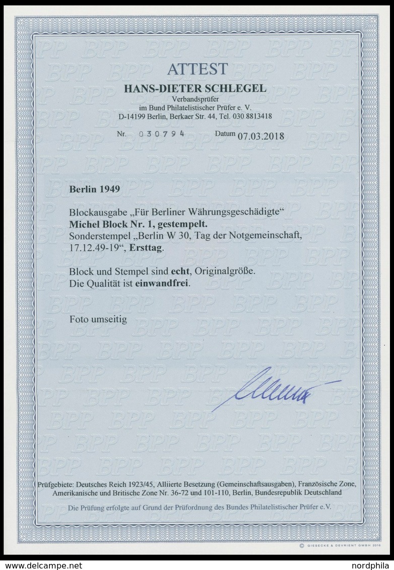 AMERIK. U. BRITISCHE ZONE Bl. 1a O, 1949, Block Exportmesse, Ersttags-Sonderstempel, Pracht, Fotoattest H.D. Schlegel, M - Altri & Non Classificati