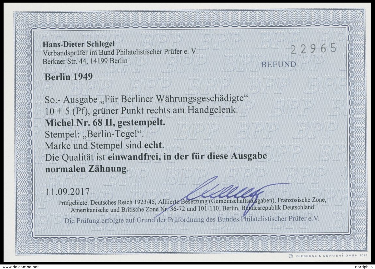 BERLIN 68II O, 1949, 10 Pf. Währungsgeschädigte Mit Abart Grüner Punkt Rechts Am Handgelenk, Normale Zähnung, Pracht, Fo - Andere & Zonder Classificatie