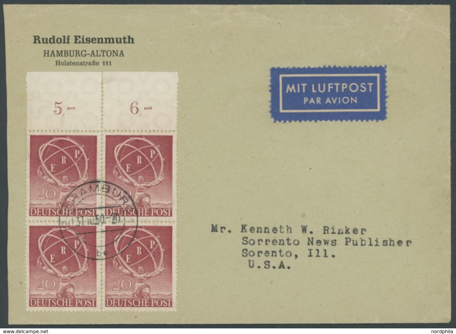 BERLIN 71 VB BRIEF, 1950, 20 Pf. ERP, Zentrisch Gestempelter Oberrandviererblock Auf Luftpostbrief In Die USA, Leichte B - Autres & Non Classés