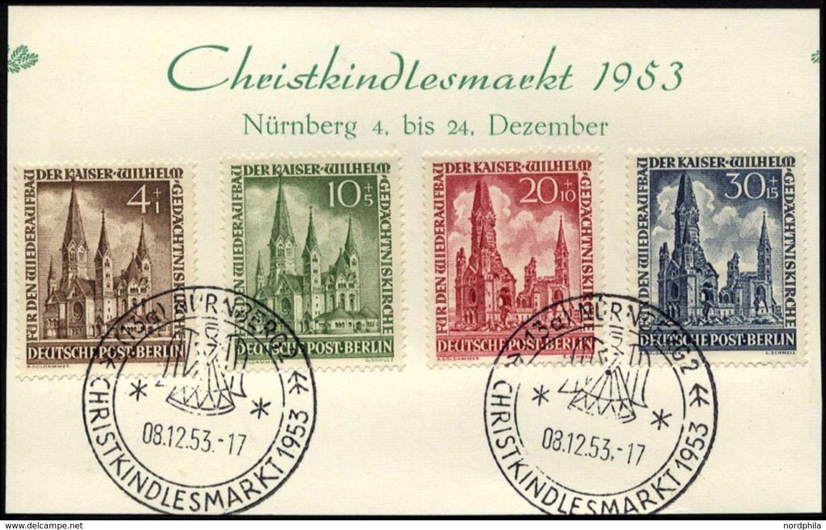 BERLIN 106-09 BrfStk, 1953, Gedächtniskirche, Sonderstempel NÜRNBERG CHRISTKINDLESMARKT, Prachtsatz, Mi. 230.- - Andere & Zonder Classificatie