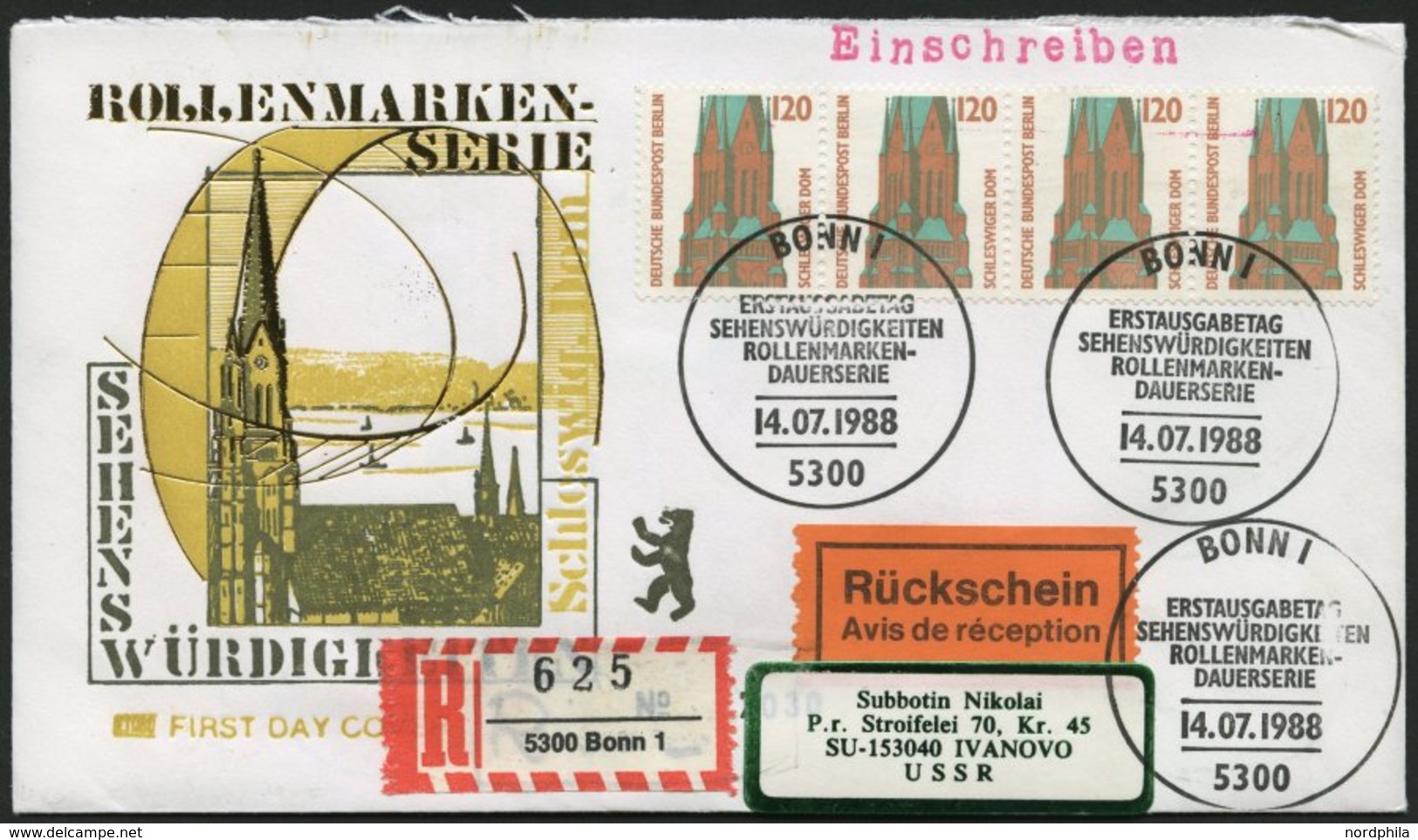 BERLIN 7053 BRIEF, 1988, 120 Pf. St. Petri-Dom Im Waagerechten Viererstreifen Als Mehrfachfrankatur Auf Einschreiben/Rüc - Autres & Non Classés