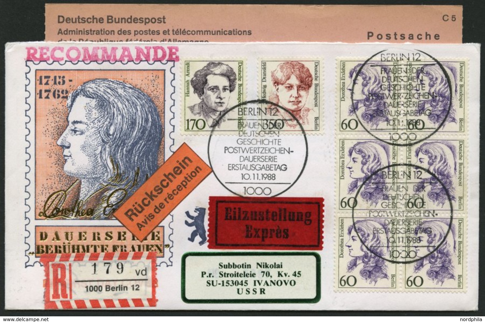 BERLIN 824 Paar,826,828 BRIEF, 1988, 60, 170 Und 350 Pf. Frauen Der Geschichte Auf FDC Mit Rückschein Nach Russland, Pra - Autres & Non Classés