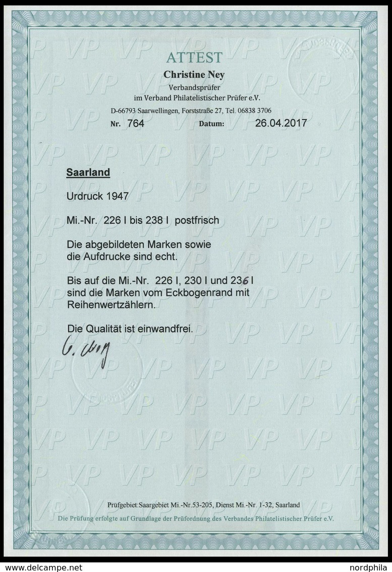 SAARLAND 226-38I **, 1947, Urdruck, Bis Auf Mi.Nr. 226, 230 Und 236 (Oberrand) Alle Aus Der Bogenecke Mit Reihenzählern! - Other & Unclassified