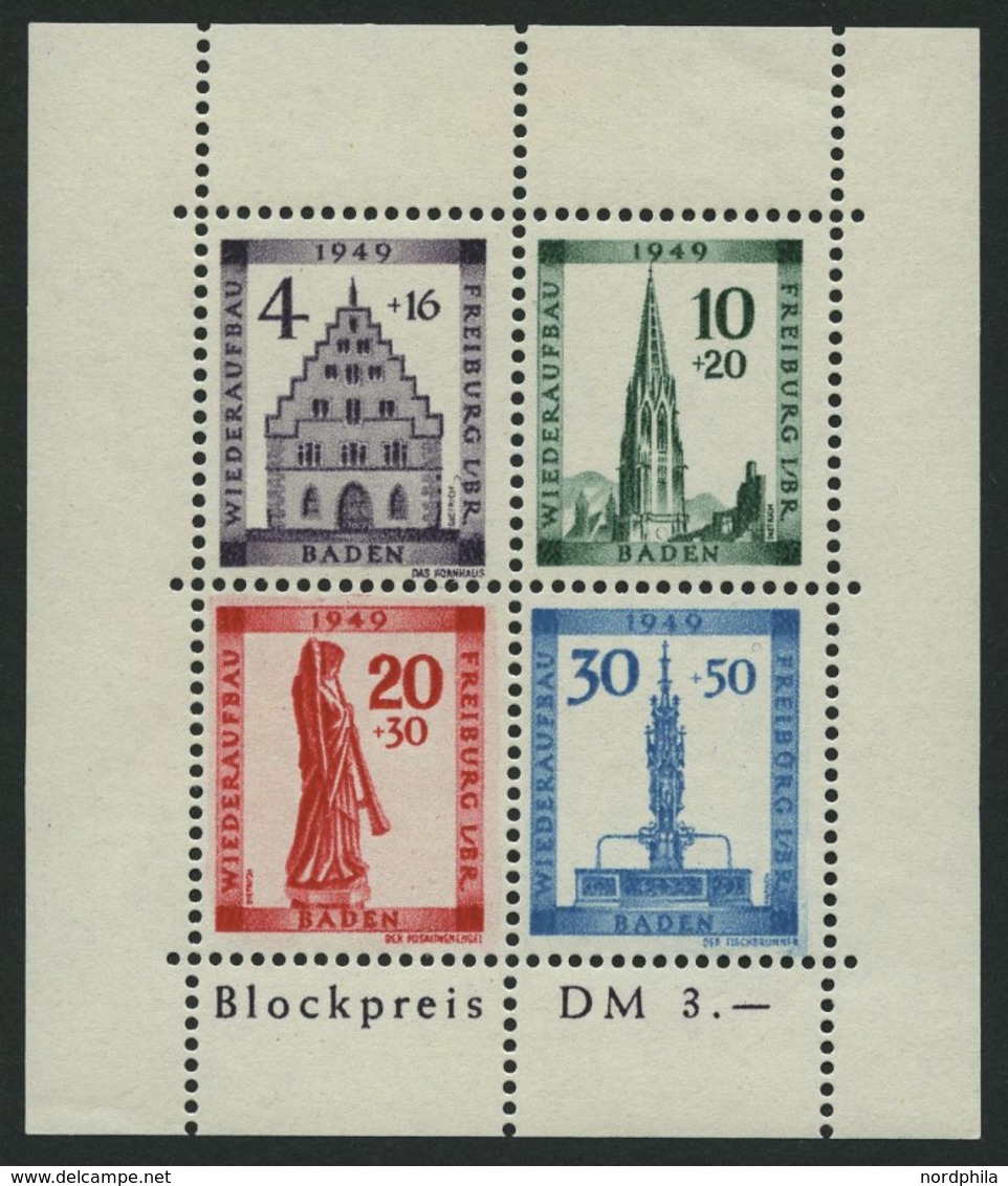 BADEN Bl. 1AIV **, 1949, Block Freiburg, Gezähnt, Mit Abart 4 Pf. Mit Schleife Links Unten Am B Von I./BR. Und 30 Pf. Mi - Andere & Zonder Classificatie