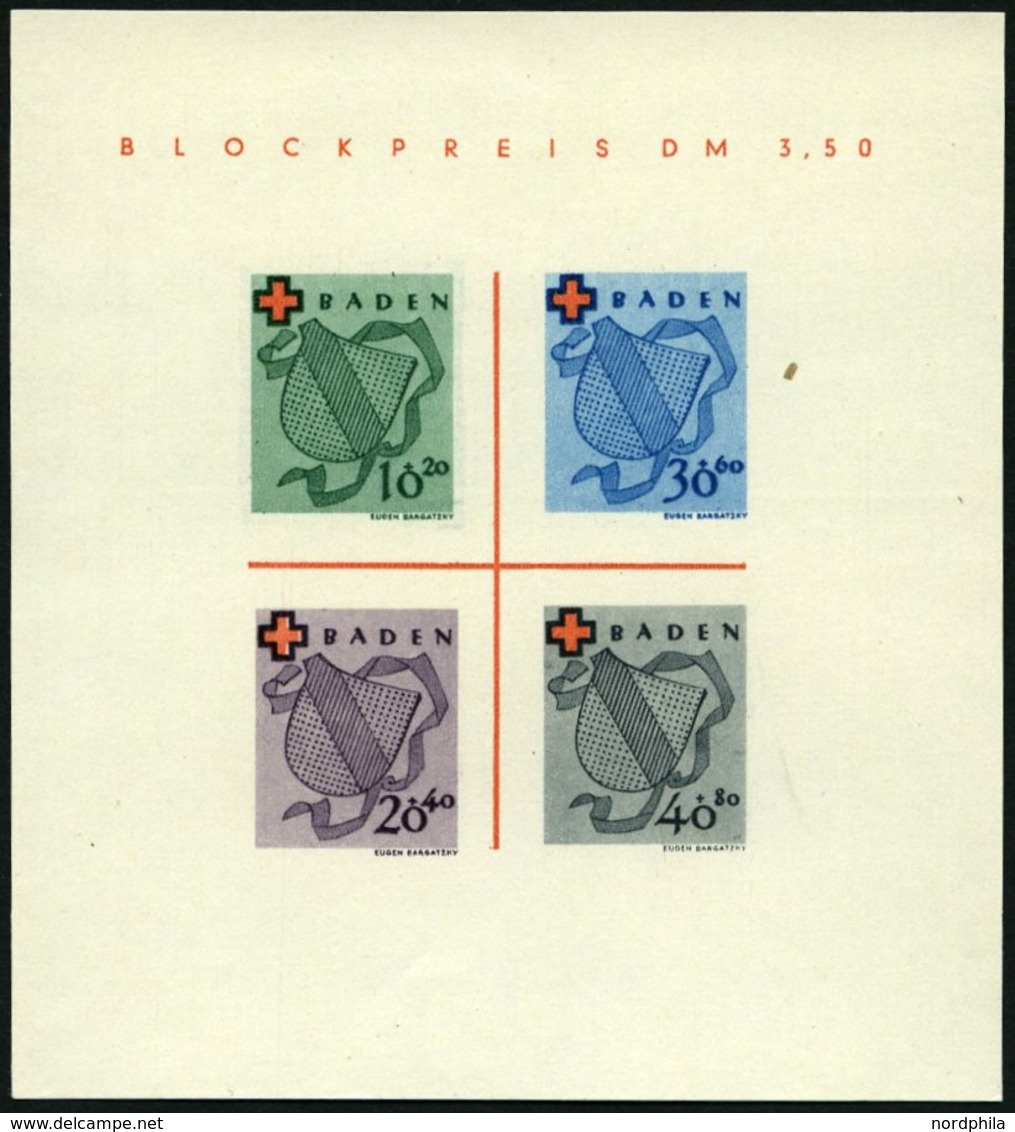 BADEN Bl. 2I/III (*), 1949, Block Rotes Kreuz, Type III: Grüner Punkt Auf Bildrand Oberhalb DE In Baden, Pracht, Mi. 110 - Autres & Non Classés