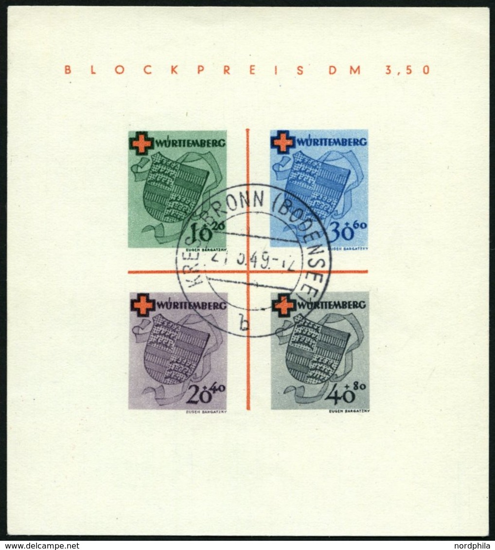 WÜRTTEMBERG Bl. 1 O, 1949, Block Rotes Kreuz, Pracht, Gepr. Schlegel, Mi. 1800.- - Autres & Non Classés