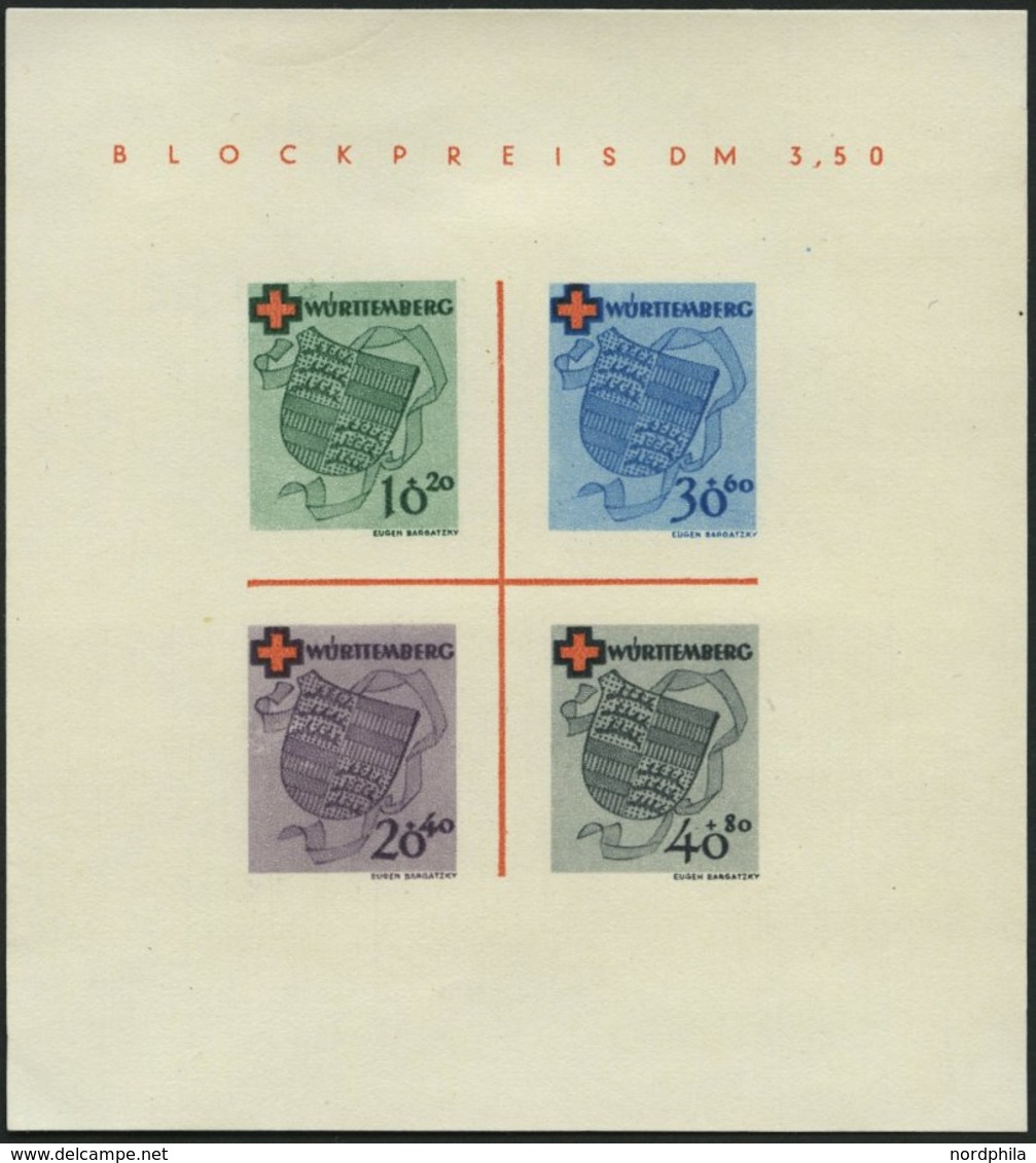 WÜRTTEMBERG Bl. 1I/III (*), 1949, Block Rotes Kreuz, Type III: Zwei Blaue Schräglinien Rechts Von Der 30, Feinst, Mi. 15 - Autres & Non Classés