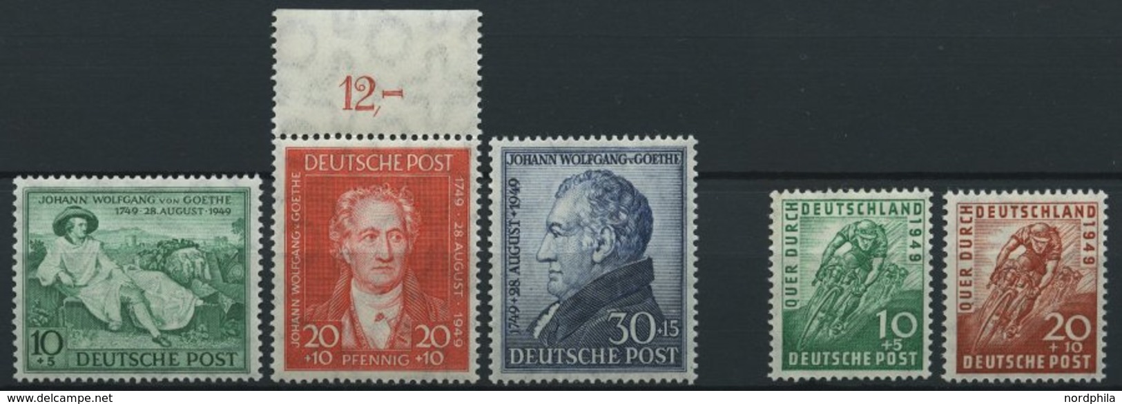 AMERIK. U. BRITISCHE ZONE 106-10 **, 1949, Radrennen Und Goethe, 2 Prachtsätze, Mi. 64.- - Autres & Non Classés