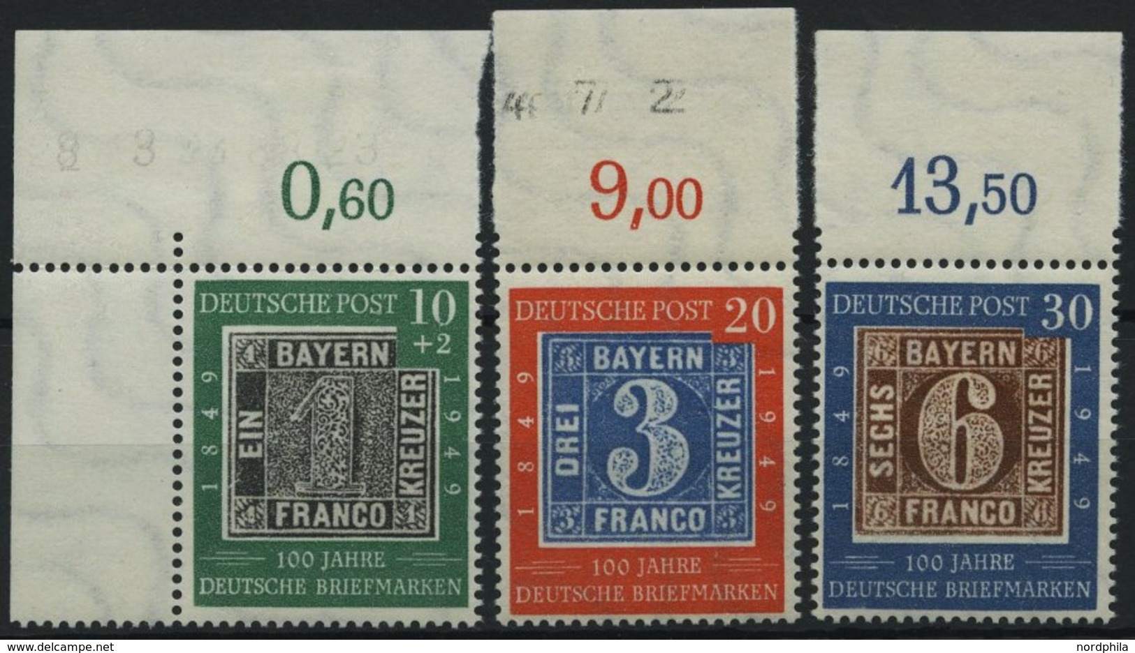 BUNDESREPUBLIK 113-15 **, 1949, 100 Jahre Briefmarken Vom Oberrand, Prachtsatz - Gebruikt