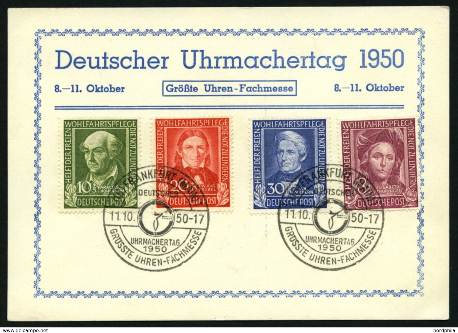 BUNDESREPUBLIK 117-20 BRIEF, 1949, Helfer Der Menschheit Auf Karte Mit Sonderstempel FRANKFURT UHRMACHERTAG, 8 Pf. Klein - Oblitérés