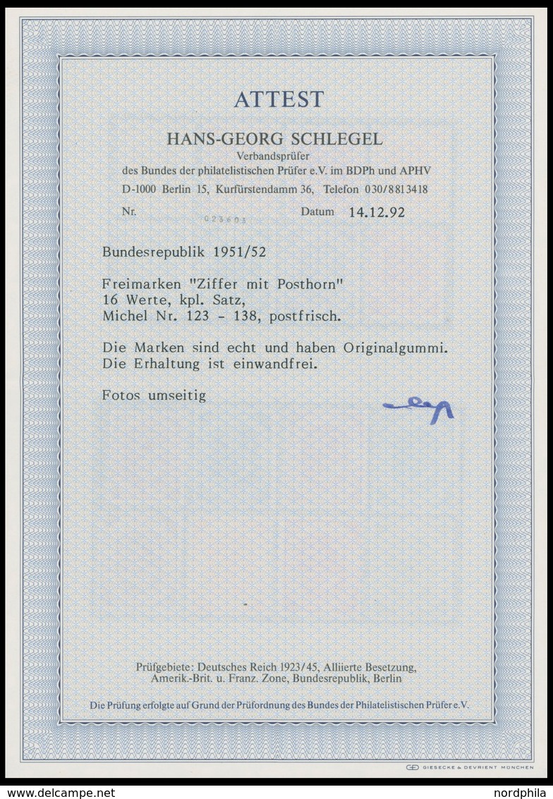 BUNDESREPUBLIK 123-38 **, 1951, Posthorn, Postfrischer Prachtsatz In Einwandfreier Zähnung, Fotoattest H.G. Schlegel, Mi - Used Stamps
