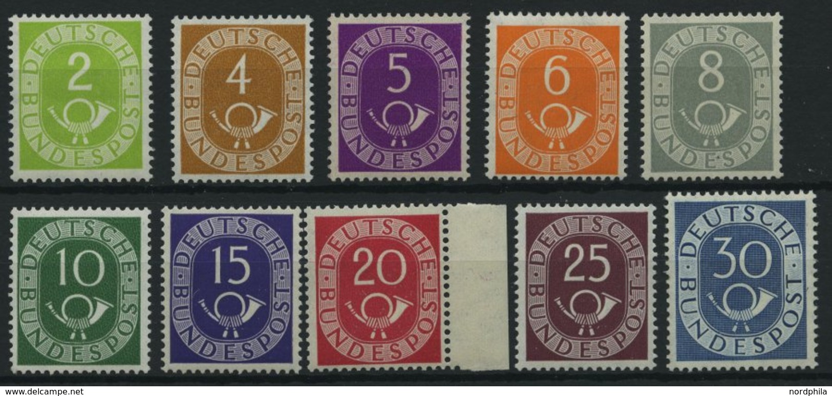 BUNDESREPUBLIK 123-32 **, 1951, 2 - 30 Pf. Posthorn, 10 Prachtwerte, Mi. 305.- - Gebruikt