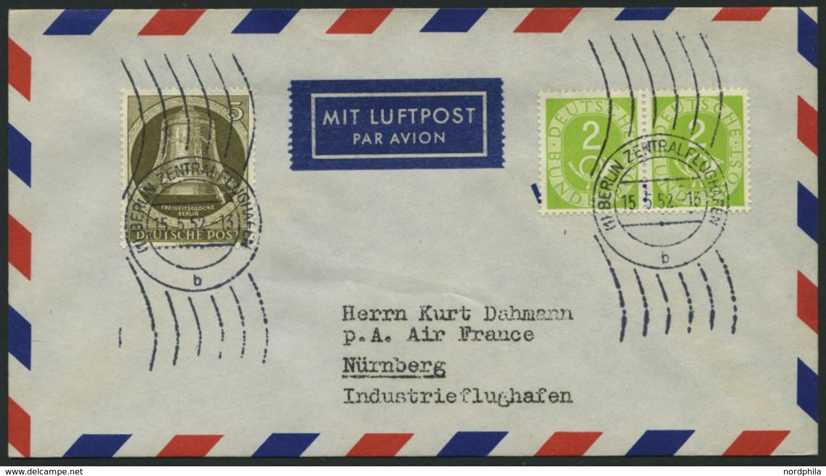 BUNDESREPUBLIK 123 Paar BRIEF, 1952, 2 Pf. Posthorn Im Waagerechten Paar Mit 5 Pf. Berlin Nr. 82 Auf Luftpostbrief Von B - Gebruikt