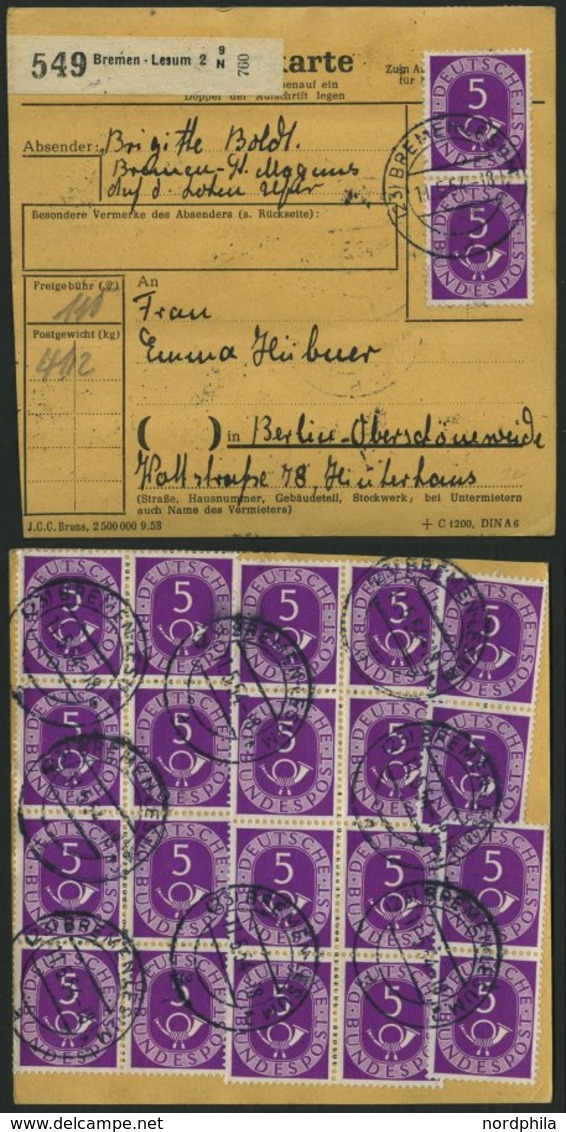 BUNDESREPUBLIK 125 BRIEF, 1953, 5 Pf. Posthorn, 22x Als Seltene Mehrfachfrankatur Auf Paketkarte Aus BREMEN-LESUM, Dabei - Usati