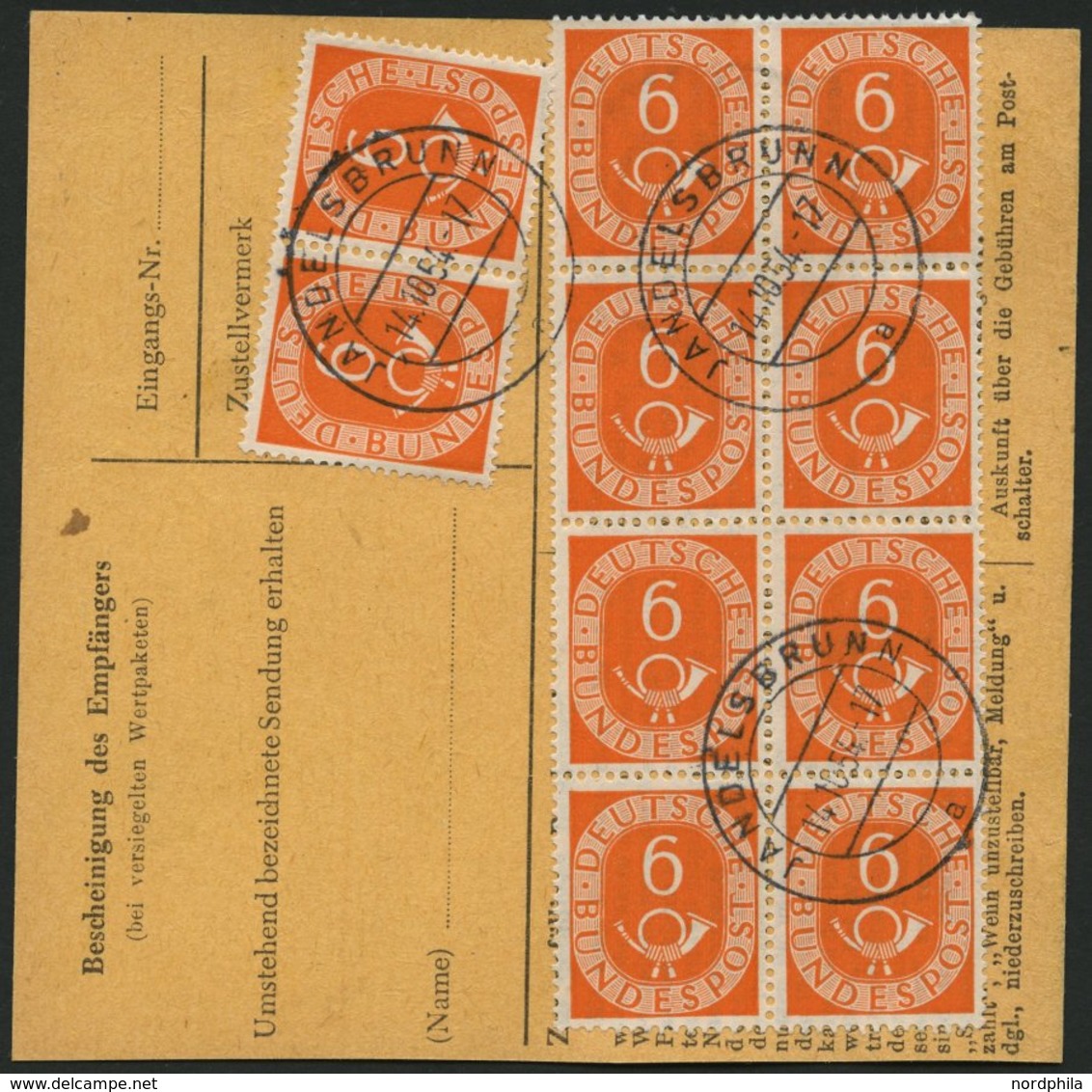 BUNDESREPUBLIK 126 BRIEF, 1952, 6 Pf. Posthorn Im Achterblock Und Waagerechten Paar Rückseitig Mit 10 Pf. Zusatzfrankatu - Usados