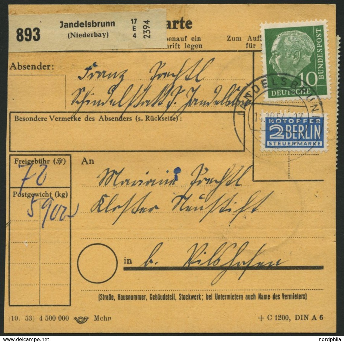 BUNDESREPUBLIK 126 BRIEF, 1952, 6 Pf. Posthorn Im Achterblock Und Waagerechten Paar Rückseitig Mit 10 Pf. Zusatzfrankatu - Gebruikt