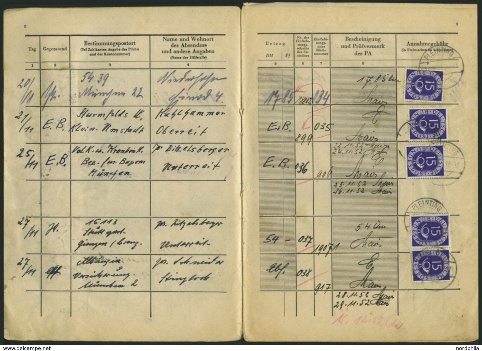 BUNDESREPUBLIK 129 BRIEF, 1952/3, Annahmebuch (Land), Zustellbezirk Pleinting, 32 Seiten Komplett, Die Gebühr Wurde Fast - Oblitérés