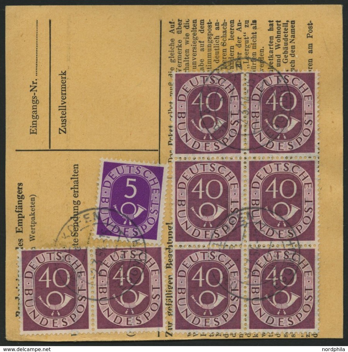 BUNDESREPUBLIK 133 BRIEF, 1954, 40 Pf. Posthorn Im Sechserblock Und 2 Waagerechten Paaren Mit 5 Pf. Zusatzfrankatur Auf  - Usati