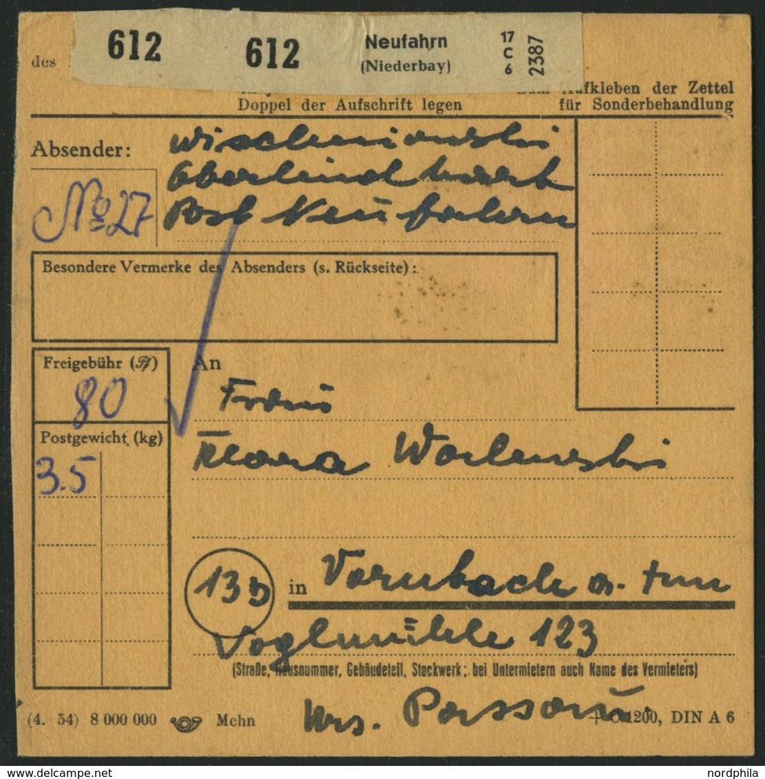 BUNDESREPUBLIK 133 Paar BRIEF, 1954, 40 Pf. Posthorn Im Waagerechten Paar Als Seltene Mehrfachfrankatur Auf Paketkarte A - Usados