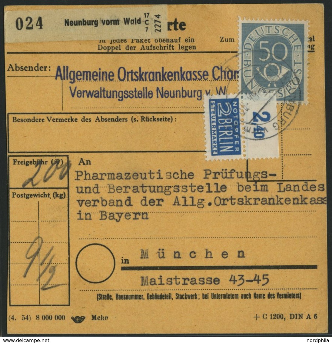 BUNDESREPUBLIK 134 Paar BRIEF, 1954, 50 Pf. Posthorn, 4x, Dabei Ein Dreierblock, Als Mehrfachfrankatur Auf Paketkarte Au - Gebruikt