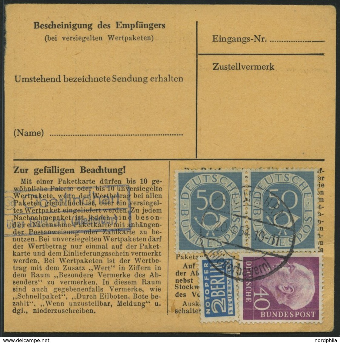 BUNDESREPUBLIK 134 Paar BRIEF, 1954, 50 Pf. Posthorn Im Waagerechten Paar Rückseitig Mit 40 Pf. Zusatzfrankatur Auf Pake - Gebruikt