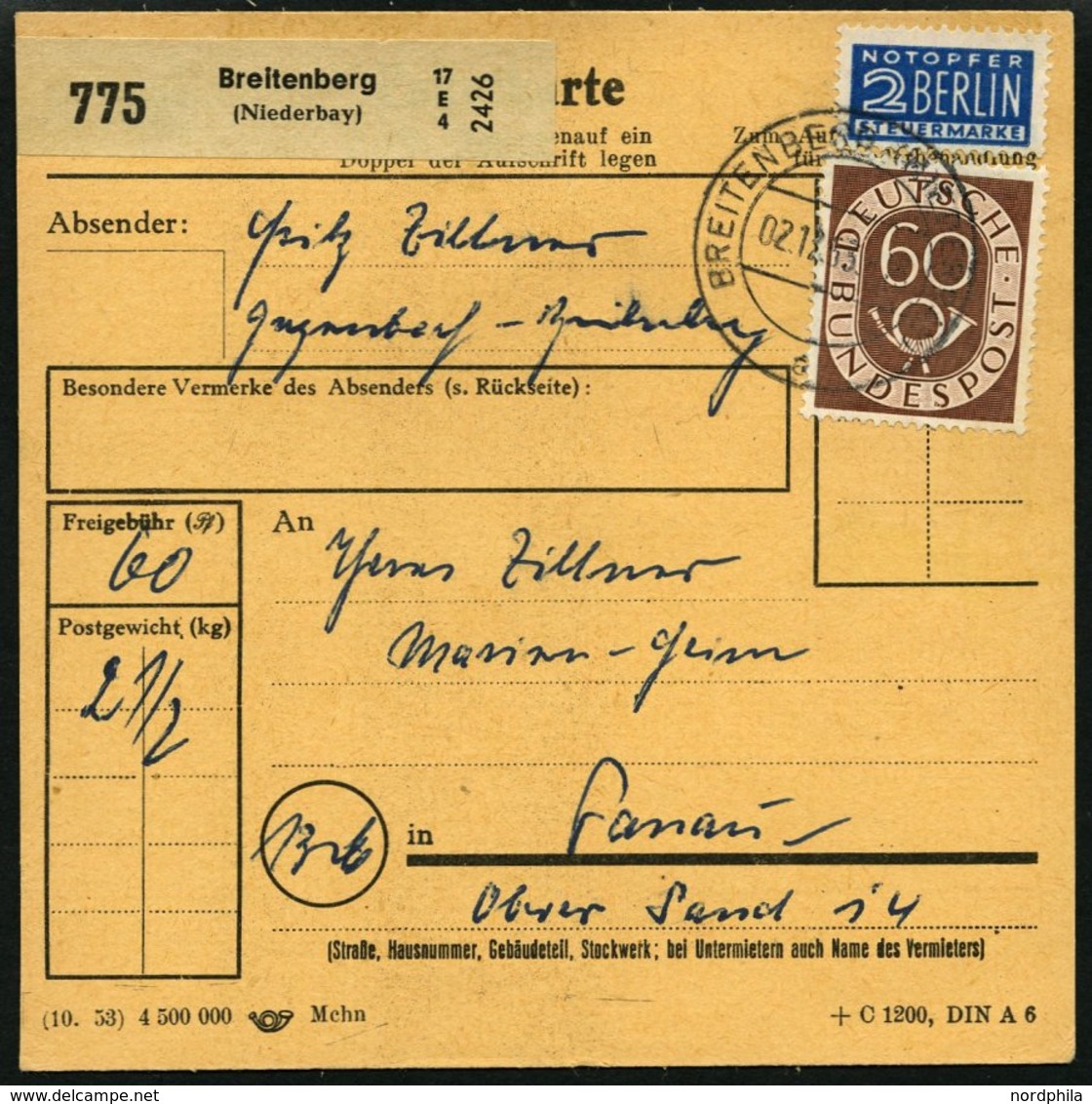 BUNDESREPUBLIK 135 BRIEF, 1954, 60 Pf. Posthorn, 20x Als Einzelfrankatur Auf Paketkarte, Aus Verschiedenen Niederbayrisc - Gebruikt