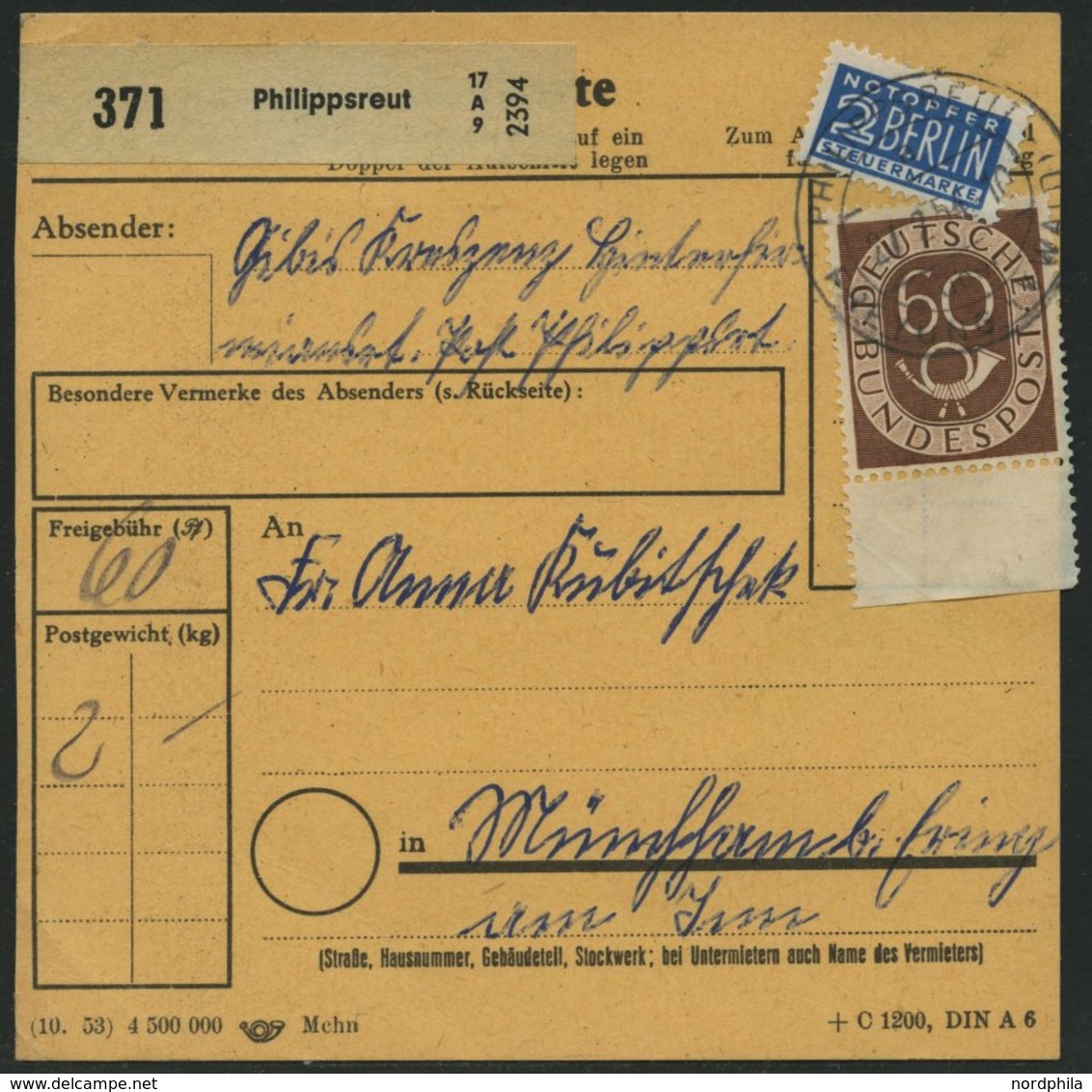 BUNDESREPUBLIK 135 BRIEF, 1954, 60 Pf. Posthorn Mit Unterrand (dort Bug) Als Einzelfrankatur Auf Paketkarte Aus PHILIPPS - Used Stamps