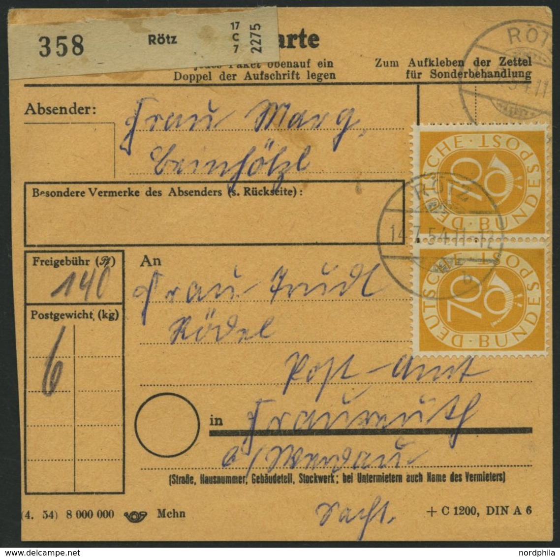 BUNDESREPUBLIK 136 Paar BRIEF, 1954, 70 Pf. Posthorn Im Waagerechten Paar Als Seltene Mehrfachfrankatur Auf Paketkarte A - Used Stamps