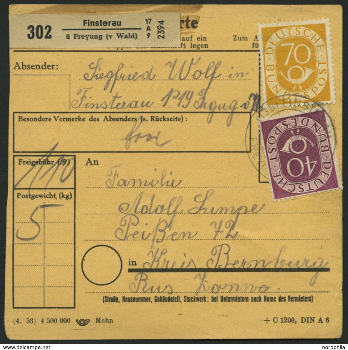 BUNDESREPUBLIK 136-38 BRIEF, 1954, 70 - 90 Pf. Posthorn, Je Mit Zusatzfrankatur Auf Paketkarte, Pracht - Oblitérés