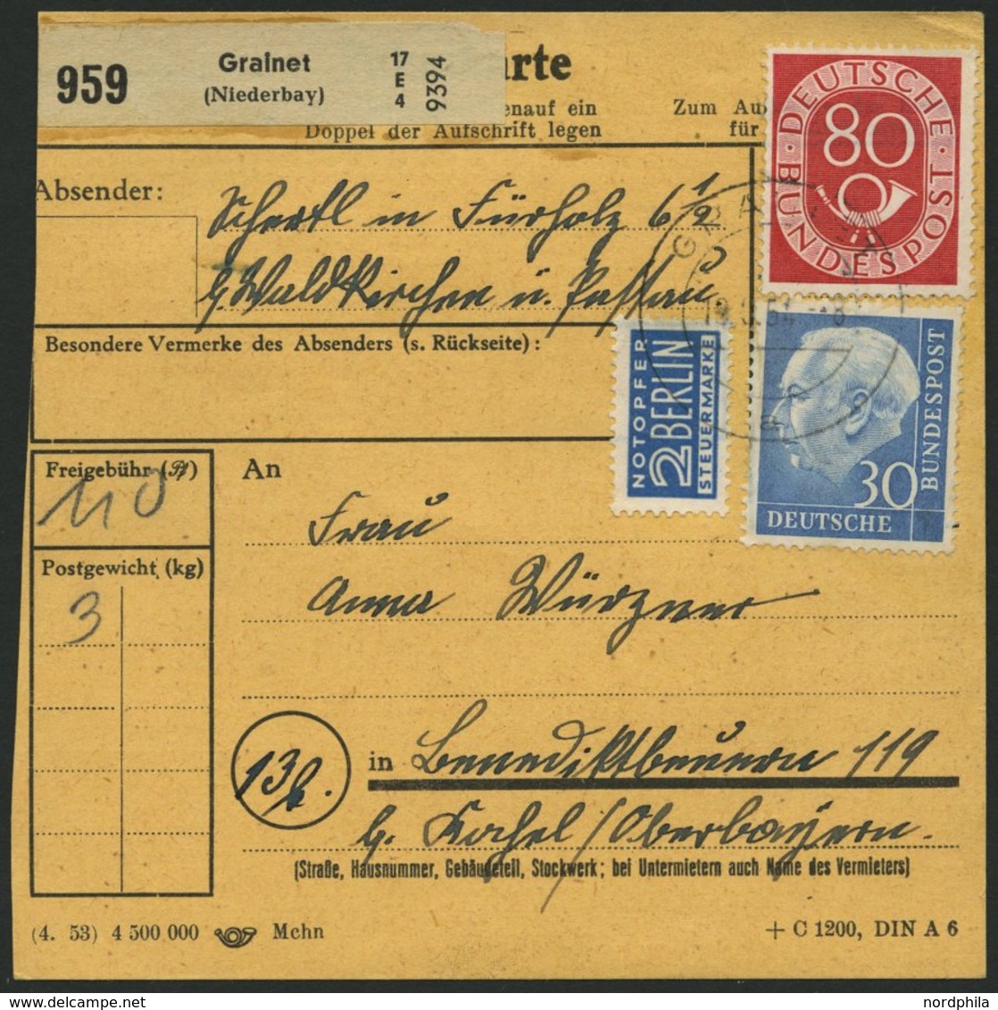 BUNDESREPUBLIK 136-38 BRIEF, 1954, 70 - 90 Pf. Posthorn, Je Mit Zusatzfrankatur Auf Paketkarte, Pracht - Gebruikt