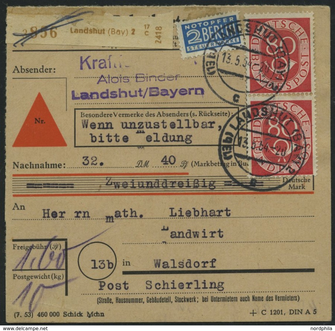 BUNDESREPUBLIK 137 Paar BRIEF, 1954, 80 Pf. Posthorn Im Senkrechten Paar Als Mehrfachfrankatur Auf Nachnahme-Paketkarte  - Usados