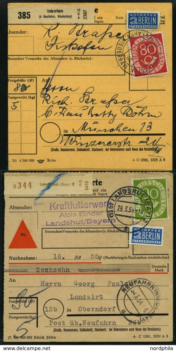 BUNDESREPUBLIK 137/8 BRIEF, 1954, 80 Und 90 Pf. Posthorn, Je Als Einzelfrankatur Auf Paketkarte, üblich Gezähnt Pracht - Usati