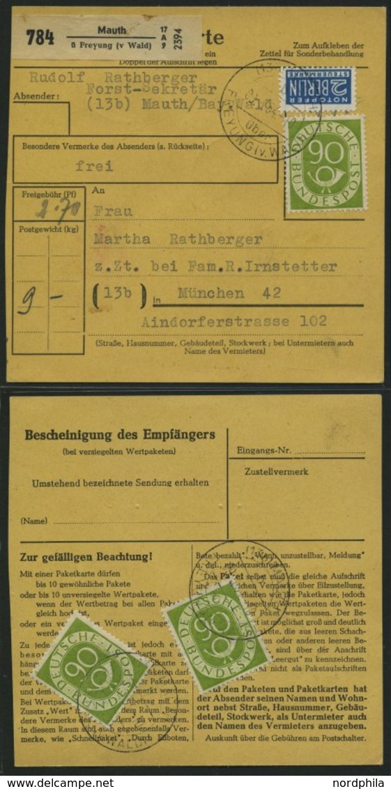 BUNDESREPUBLIK 138 BRIEF, 1954, 90 Pf. Posthorn, 3x Als Mehrfachfrankatur (davon 2x Rückseitig) Auf Paketkarte Aus MAUTH - Used Stamps