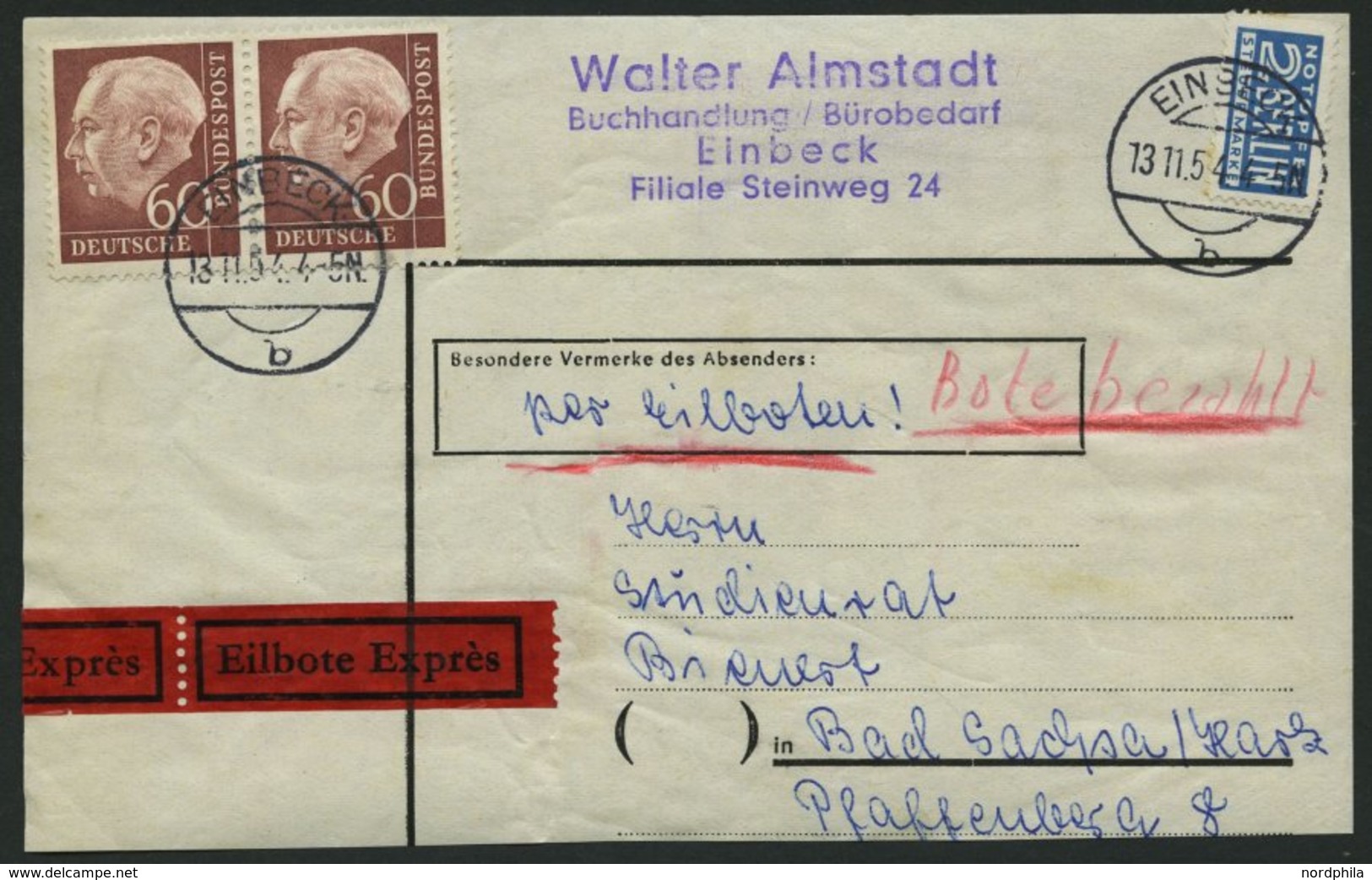 BUNDESREPUBLIK 190 Paar BrfStk, 1954, 60 Pf. Heuss Im Waagerechten Paar Auf Eilboten-Päckchenaufkleber, Pracht - Used Stamps