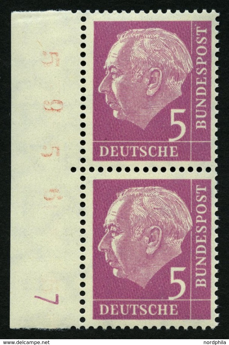 BUNDESREPUBLIK 179yDZ **, 1960, 5 Pf. Heuss Lumogen Im Senkrechten Randpaar Mit Druckereizeichen 7 Und Plattennummer, Pr - Gebruikt