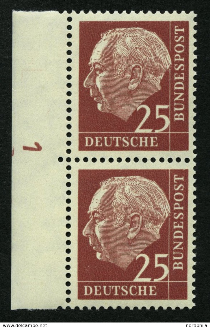 BUNDESREPUBLIK 186yDZ **, 1960, 25 Pf. Heuss Lumogen Im Senkrechten Randpaar Mit Druckereizeichen 1, Pracht, Mi 317.- - Usados