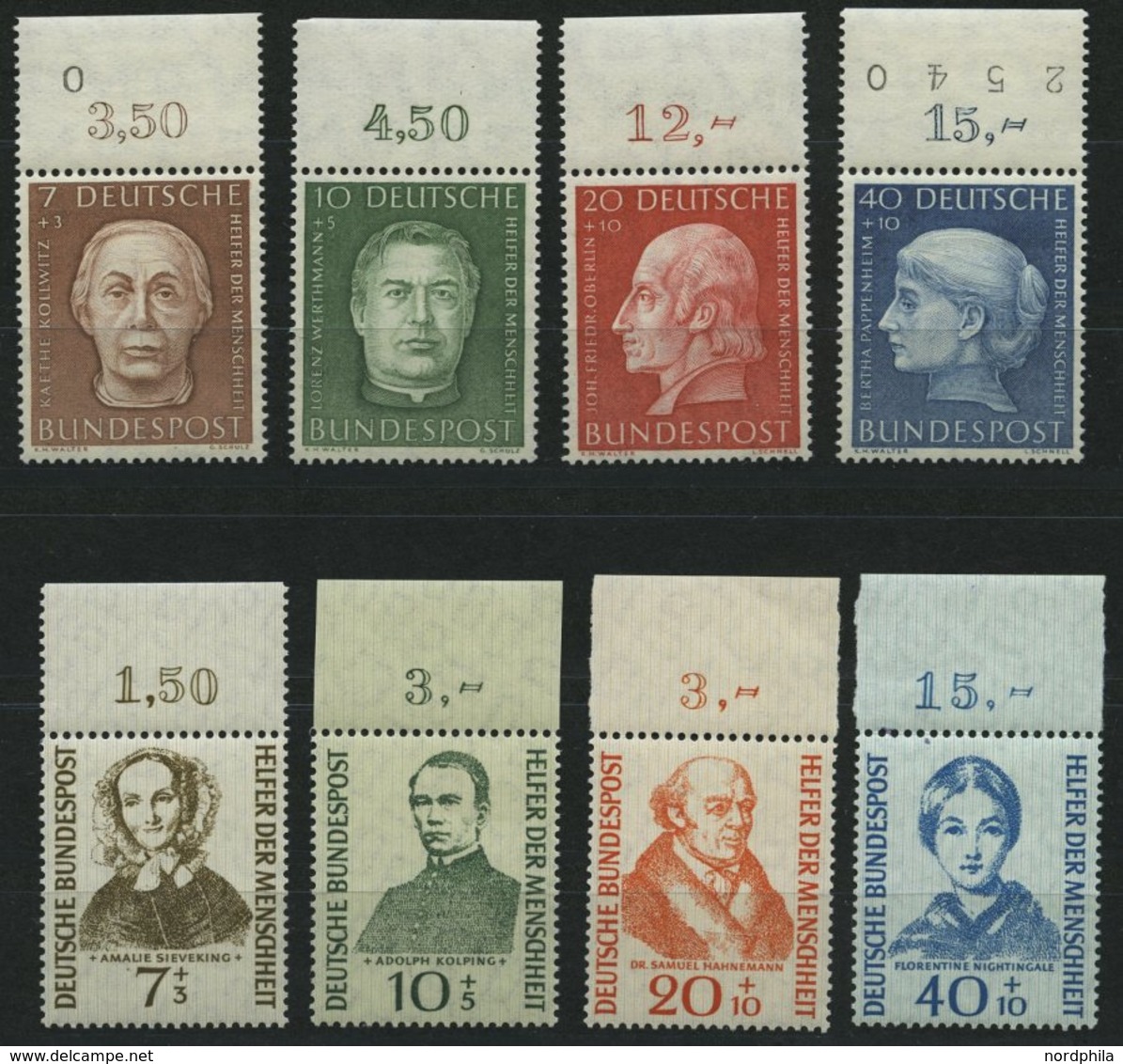 BUNDESREPUBLIK 200-03,222-25 **, 1954/5, Helfer Der Menschheit, 2 Prachtsätze Vom Oberrand, Mi. (95.-) - Usados