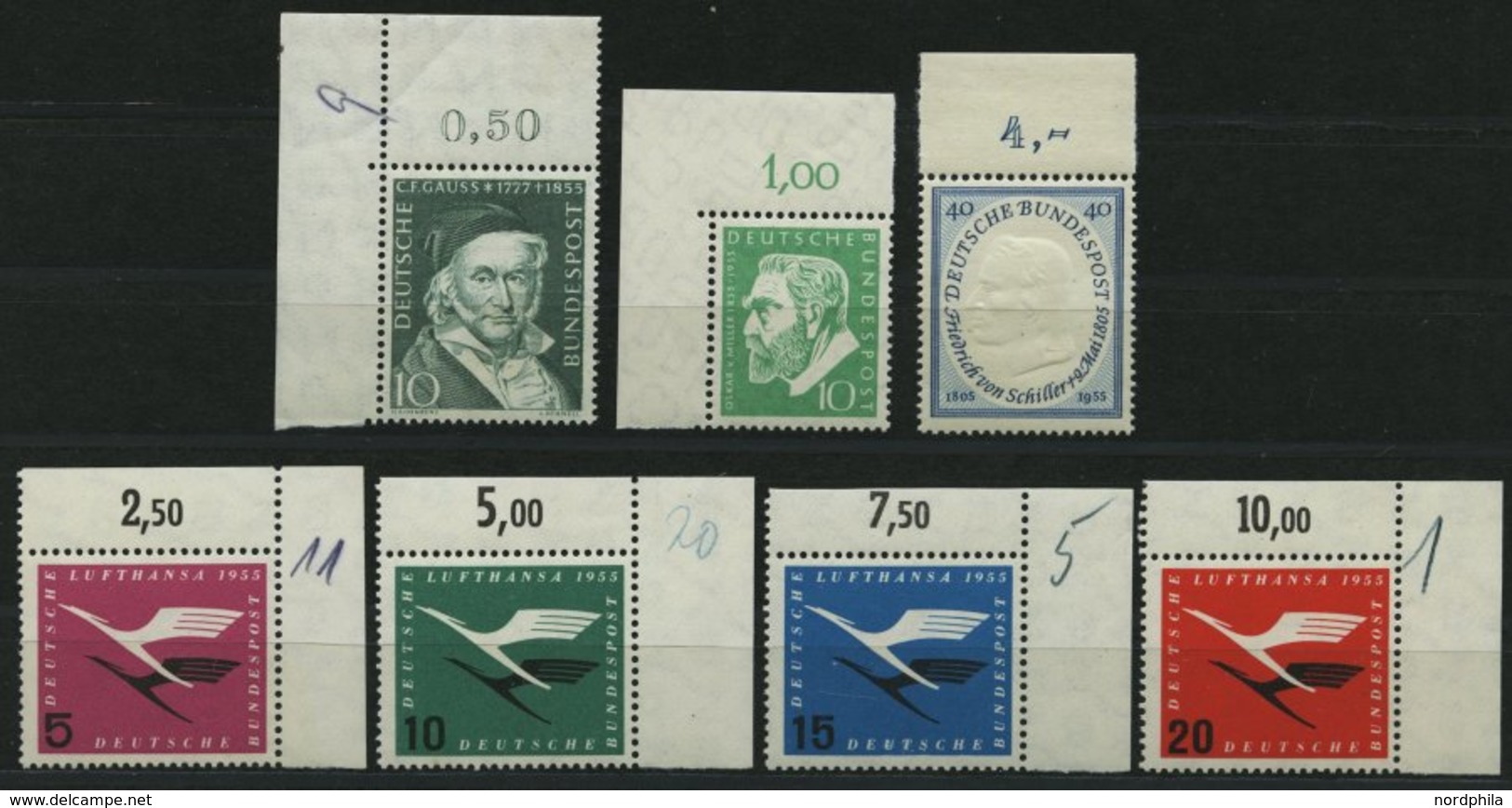 BUNDESREPUBLIK 204-10 **, 1955, 7 Prachtwerte, Je Mit Oberrand, Mi. 60.- - Gebraucht