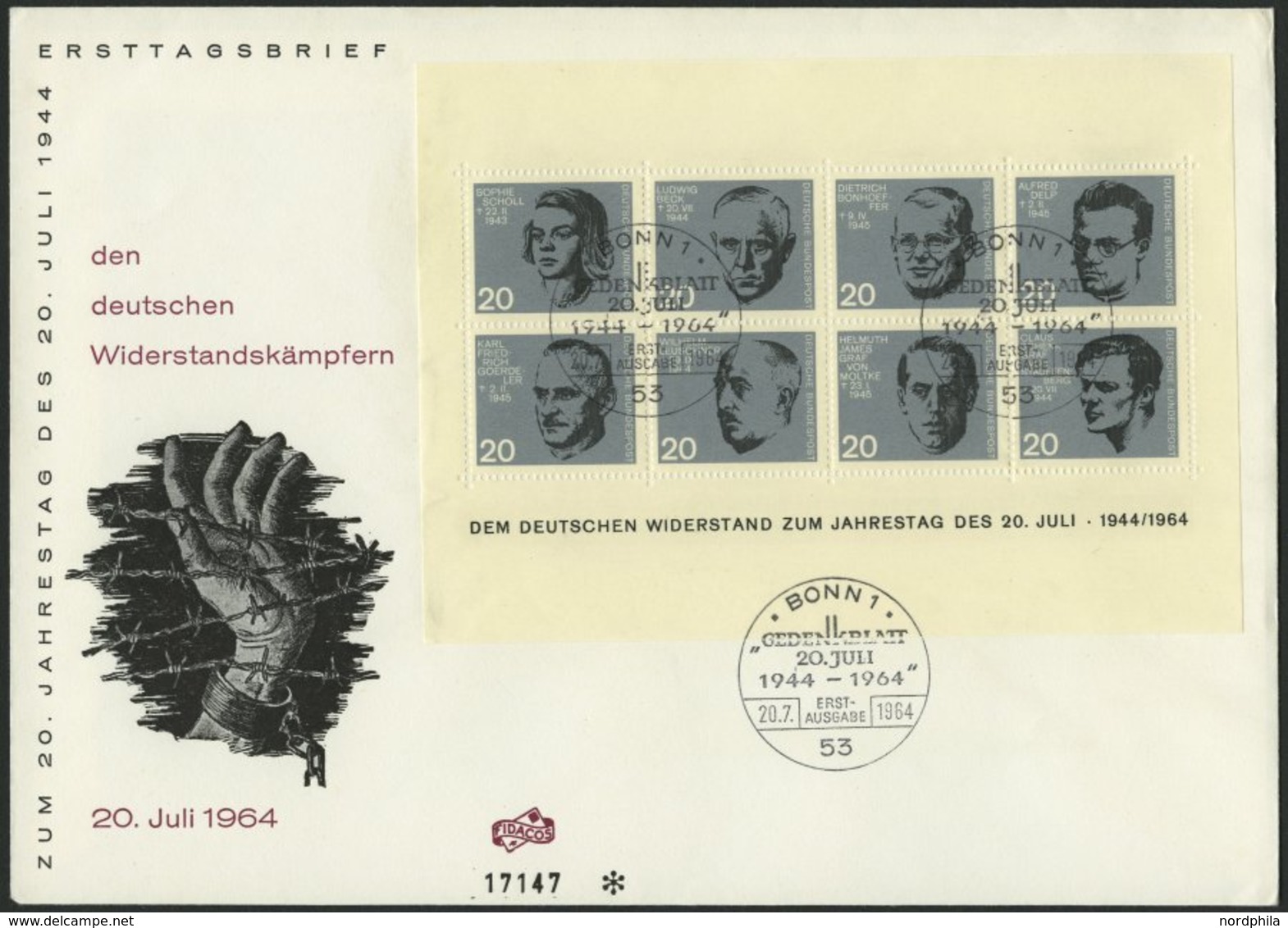 BUNDESREPUBLIK Bl. 3 BRIEF, 1964, Block 20. Juli Auf FDC, Pracht, Mi. 100.- - Gebruikt