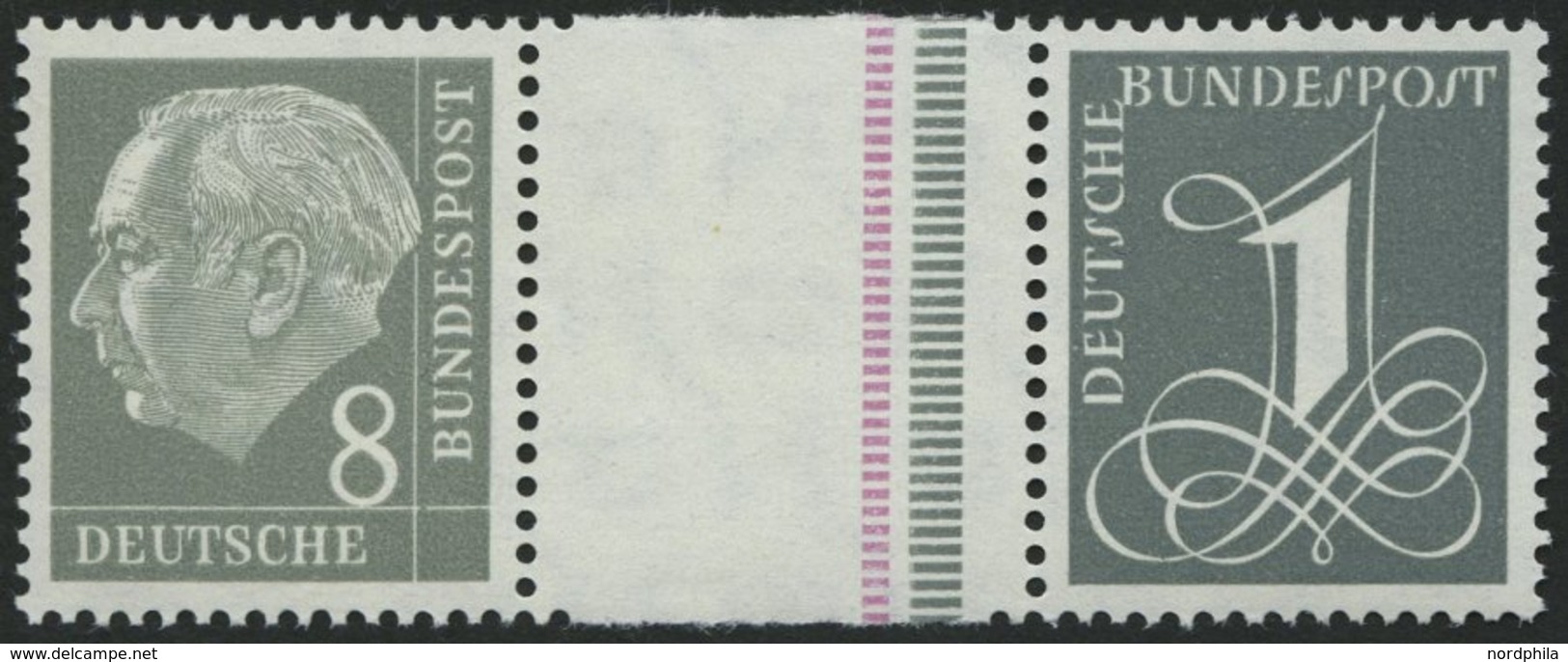 ZUSAMMENDRUCKE WZ 15aIVYII **, 1960, Heuss Wz. Liegend 8 + Z + 1, Schmale Strichelleiste In Rotlila Und Eine In Dunkelbl - Usados