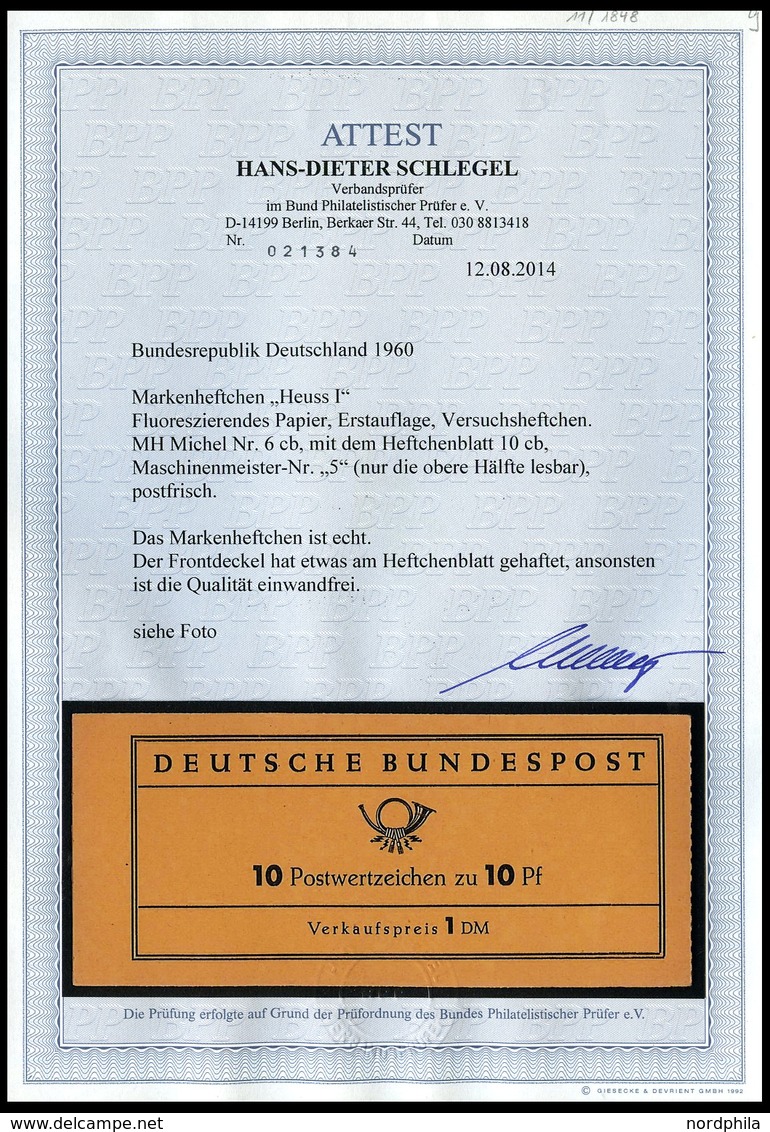 ZUSAMMENDRUCKE MH 6cb **, 1960, Markenheftchen Heuss Lumogen, Erstauflage, Mit Druckereizeichen 5 (nur Die Obere Hälfte  - Other & Unclassified