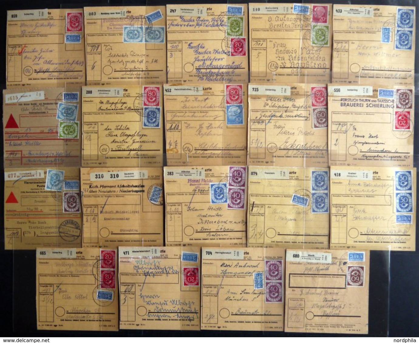 LOTS 1953/4 19 Paketkarten Mit Verschiedenen Posthornfrankaturen, U.a. Mi.Nr. 134 MeF, 137 EF, 3 Karten Mit Nr 138 Etc., - Gebruikt