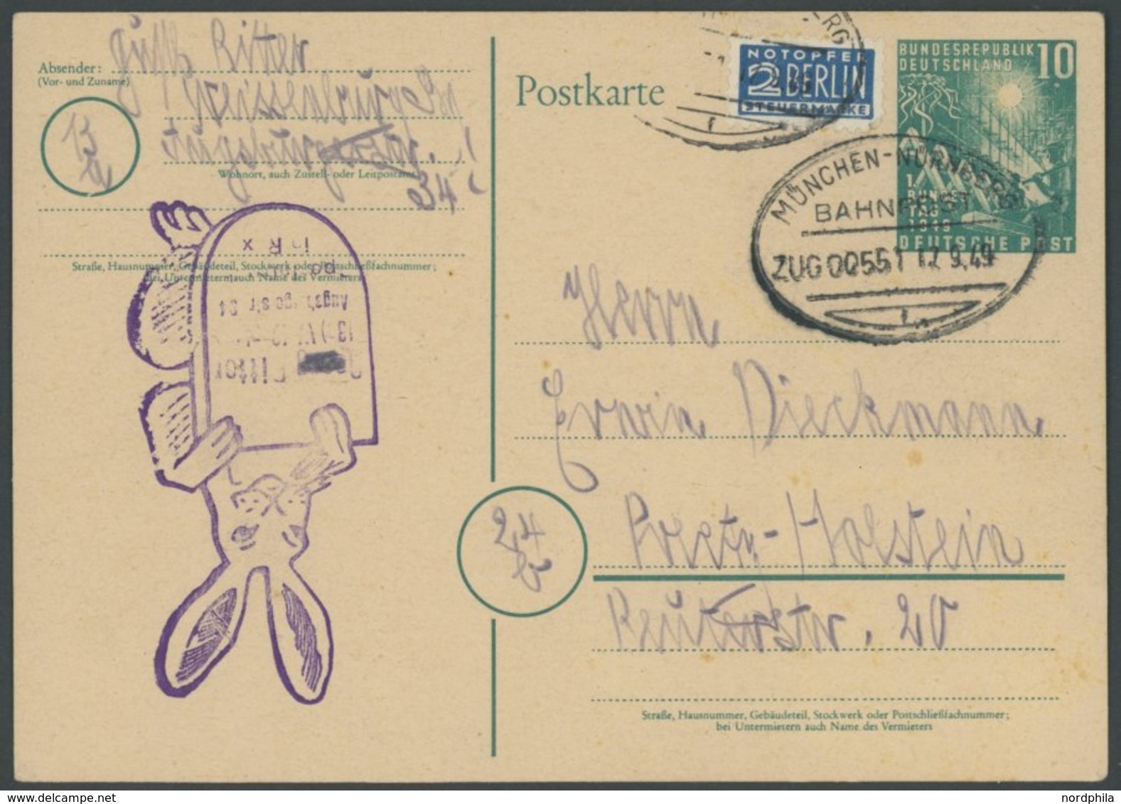 GANZSACHEN PSo 1 BRIEF, 1949, 10 Pf. Bundestag Mit Bahnpoststempel München-Nürnberg, Pracht - Collezioni