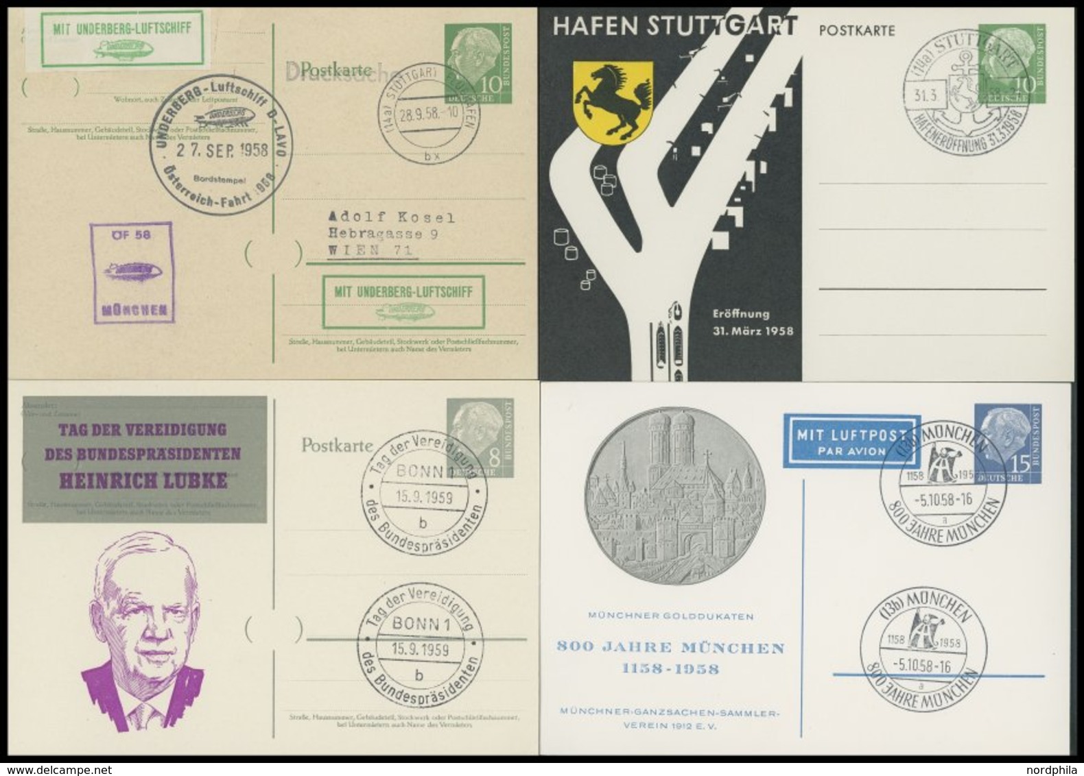 GANZSACHEN 1958/9, 4 Verschiedene Privat-Ganzsachen Heuss, Sonderstempel, Pracht - Collections