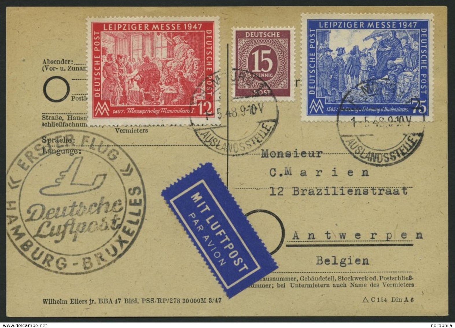 ERST-UND ERÖFFNUNGSFLÜGE 2301 BRIEF, 1.5.48, Hamburg-Brüssel, Flugbestätigungsstempel In Schwarz (Gefälligkeitsabstempel - Brieven En Documenten