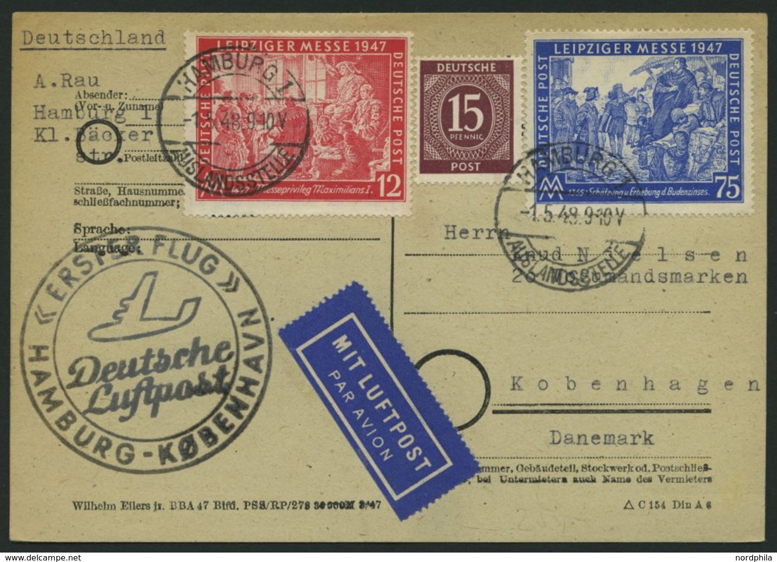 ERST-UND ERÖFFNUNGSFLÜGE 2302 BRIEF, 1.5.48, Hamburg-Kopenhagen, Flugbestätigungsstempel In Schwarz (Gefälligkeitsabstem - Covers & Documents