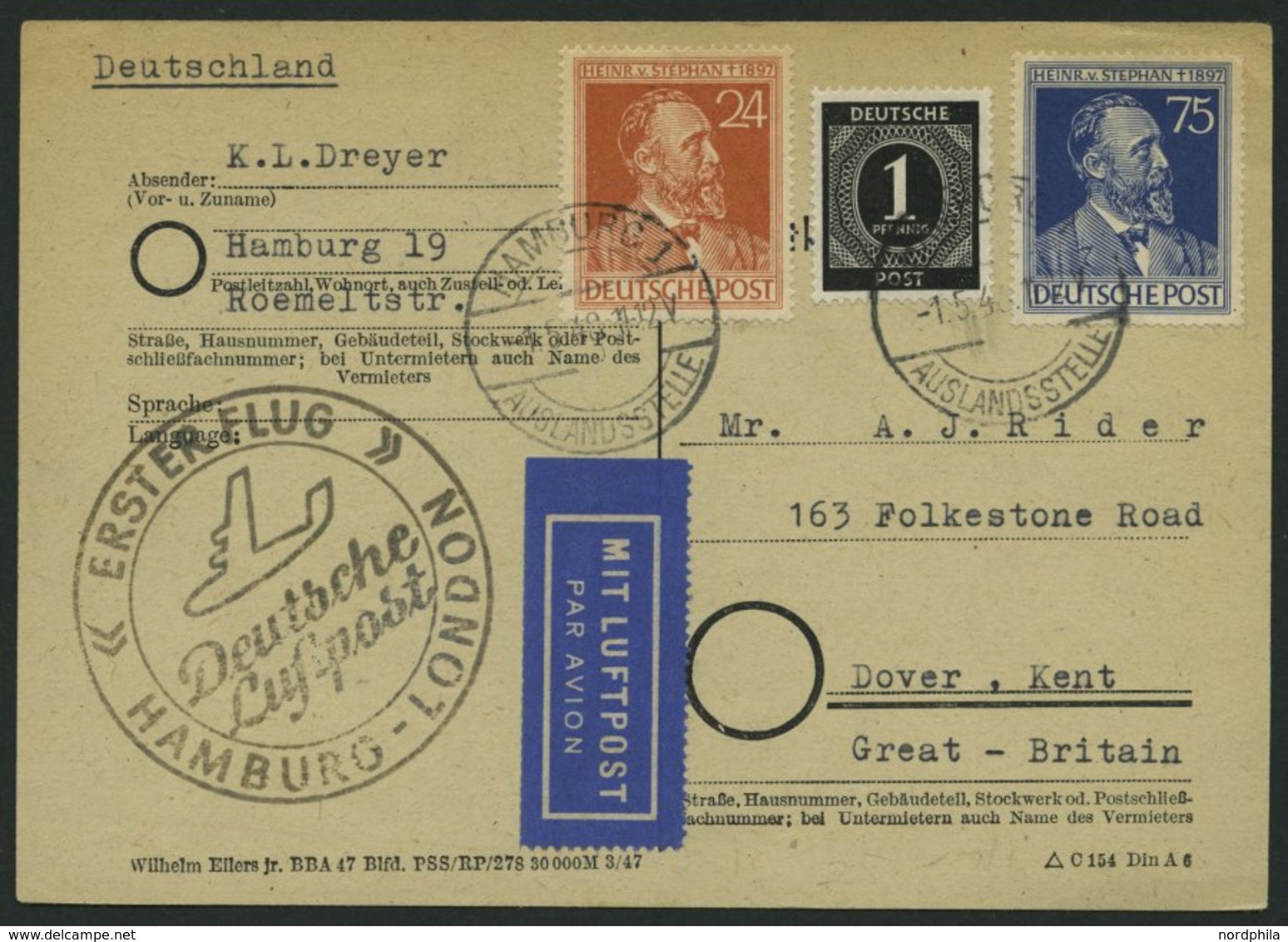 ERST-UND ERÖFFNUNGSFLÜGE 2303 BRIEF, 1.5.48, Hamburg-London, Flugbestätigungsstempel In Schwarz (Gefälligkeitsabstempelu - Brieven En Documenten