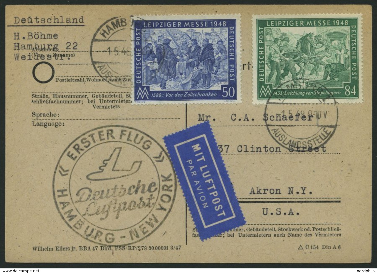 ERST-UND ERÖFFNUNGSFLÜGE 2304 BRIEF, 1.5.48, Hamburg-New York, Flugbestätigungsstempel In Schwarz (Gefälligkeitsabstempe - Covers & Documents